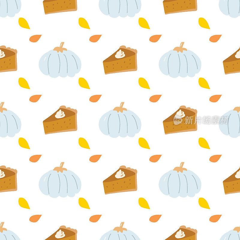 南瓜矢量图案。秋日农家乐天衣无缝的背景。感恩节灰南瓜饼和叶子
