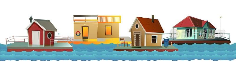 漂浮在波浪上的房子。在水上有小庭院的住宅。孤立在白色背景上。说明向量。