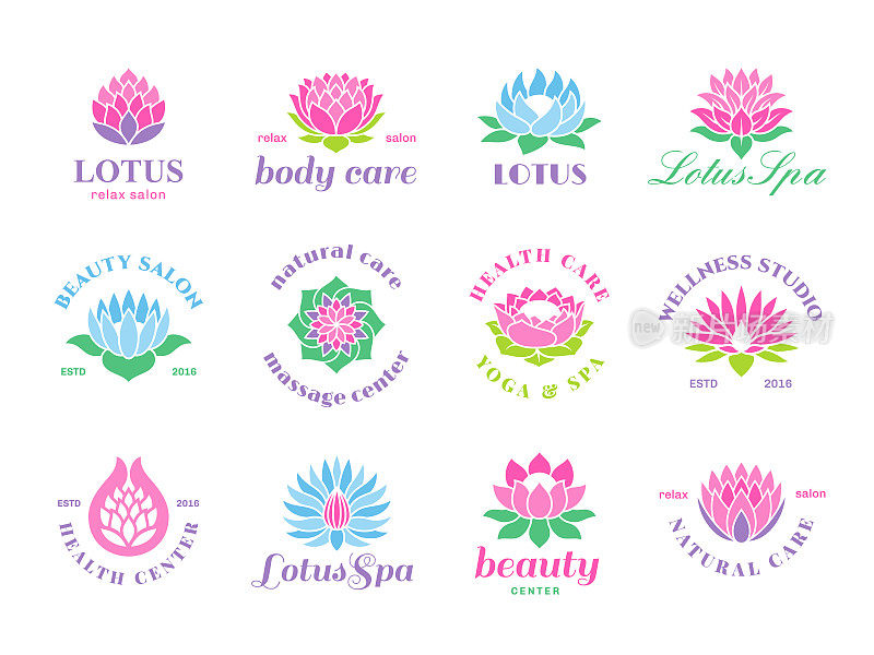 Spa标志莲花设计。荷花徽章，瑜伽养生中心创意符号。生命平衡和谐象征，女性健康整洁矢量标志集