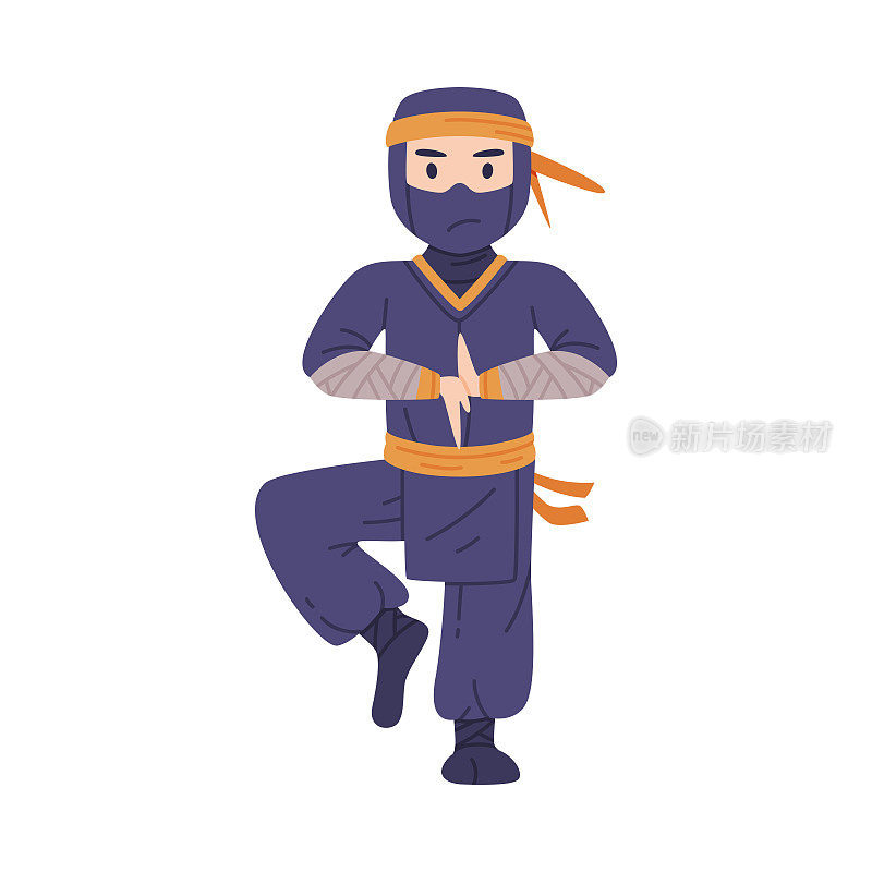 站在一条腿忍者或忍者字符作为日本秘密特工或雇佣兵在Shozoku伪装服装矢量插图
