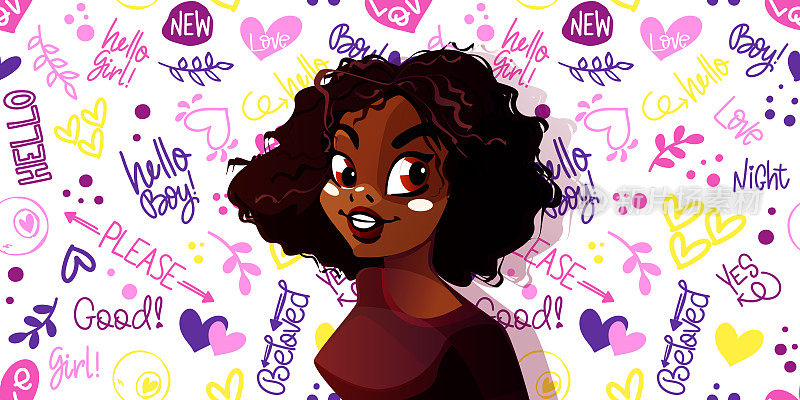 从一个年轻女孩的卡通风格的生活激动人心的时刻。一个年轻美丽的非裔美国女孩的半长肖像在无缝的爱情背景。