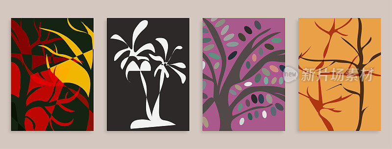 矢量手绘颜色树植物图案抽象创意普遍艺术模板背景。套装适用于海报、名片、邀请函、传单、封面、横幅、海报、宣传册等平面设计
