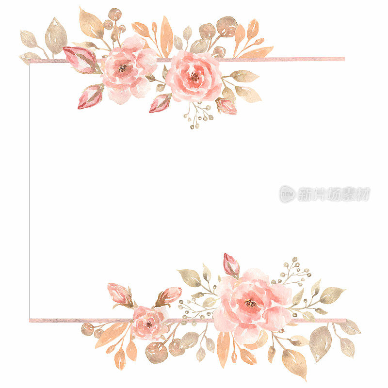 水彩手绘珊瑚花框架剪纸，粉红色牡丹边框插图，米色花花环，精致的婚礼邀请，婴儿淋浴图形，卡片制作，标志设计