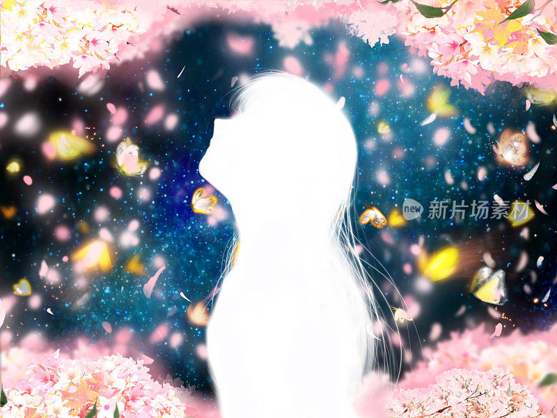樱花盛开的夜晚，悲伤的青春描绘了一个女孩的剪影，她的长发在春风中飘扬，星空背景。