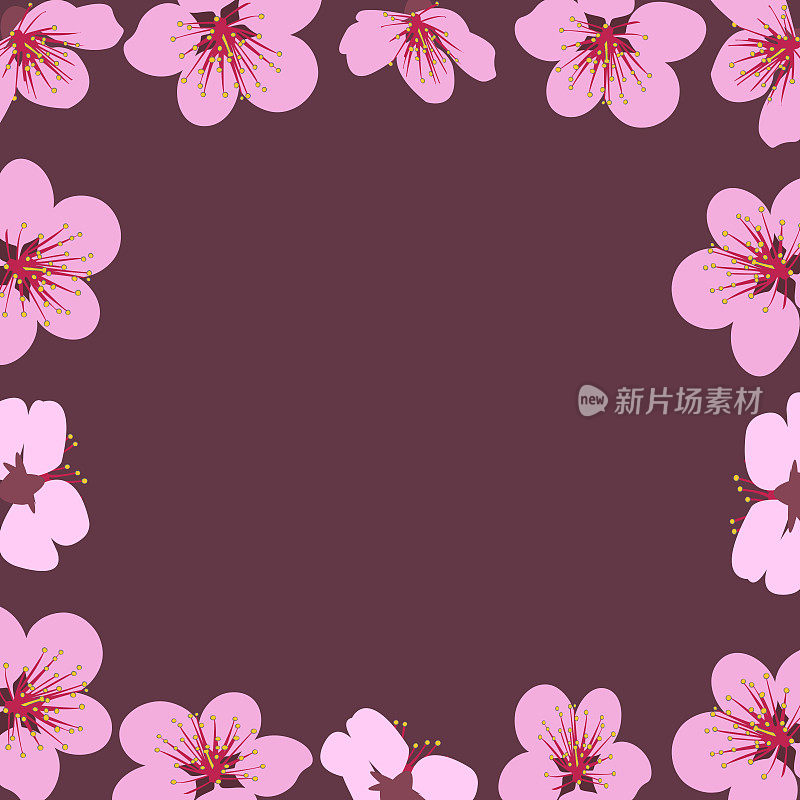 背景是盛开的粉红色花朵。矢量图
