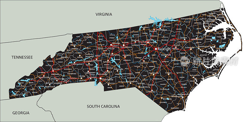 高度详细的北卡罗莱纳州路线图与标签。