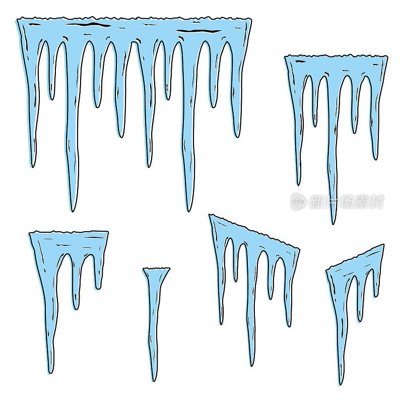 冰纹理。冰柱孤立在白色上。无缝的冰柱线边界。矢量设计元素。