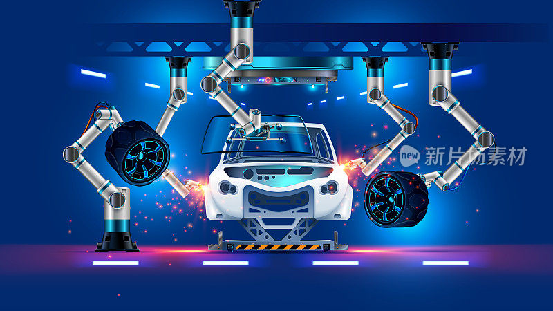 机器人在汽车工业制造上装配汽车。生产线上的自动化三维机械臂激光焊接车身、车轮、挡风玻璃。工业机器人手在汽车车厂。