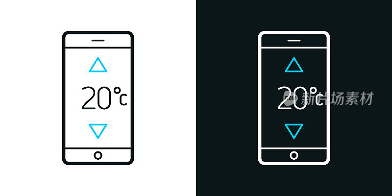 智能手机加热控制。黑色或白色背景上的双色线图标-可编辑的笔画