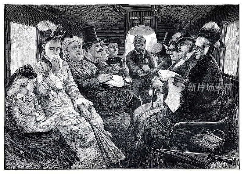 1874年，法国巴黎公共交通巴士上的乘客