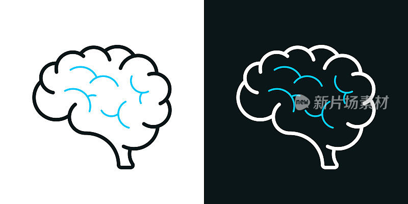 大脑。黑色或白色背景上的双色线图标-可编辑的笔画