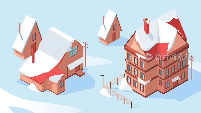 冬天的房子和覆盖着白雪的屋顶的乡村小屋。阿尔卑斯山滑雪场的雪季。红砖立面。假期周末酒店12月和1月。矢量图
