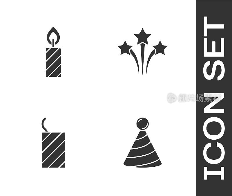 设置聚会帽，生日蛋糕蜡烛，烟花火箭和图标。向量
