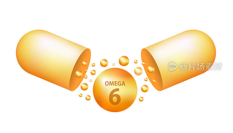 金滴欧米伽6。多不饱和脂肪酸-6。天然鱼油，有机维生素，营养成分。Omega脂肪酸。矢量现实胶囊。矢量图