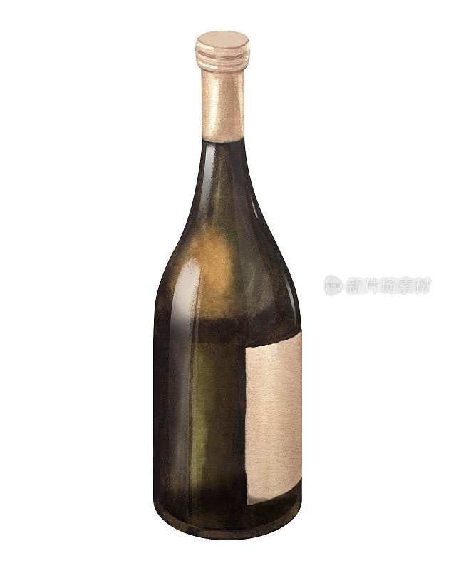 白葡萄酒玻璃瓶的水彩画插图。酒精饮料的图片被隔离在白色的背景上。概念酒单，标签，横幅，菜单，传单，宣传册模板。