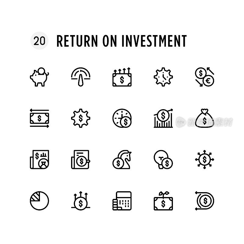 投资回报线图标集。可编辑的中风。像素完美。