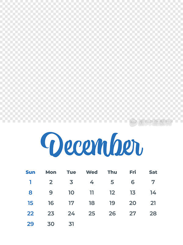 2024年12月-日历与照片或插图的地方。日历矢量模板为2024年。一周从周日开始