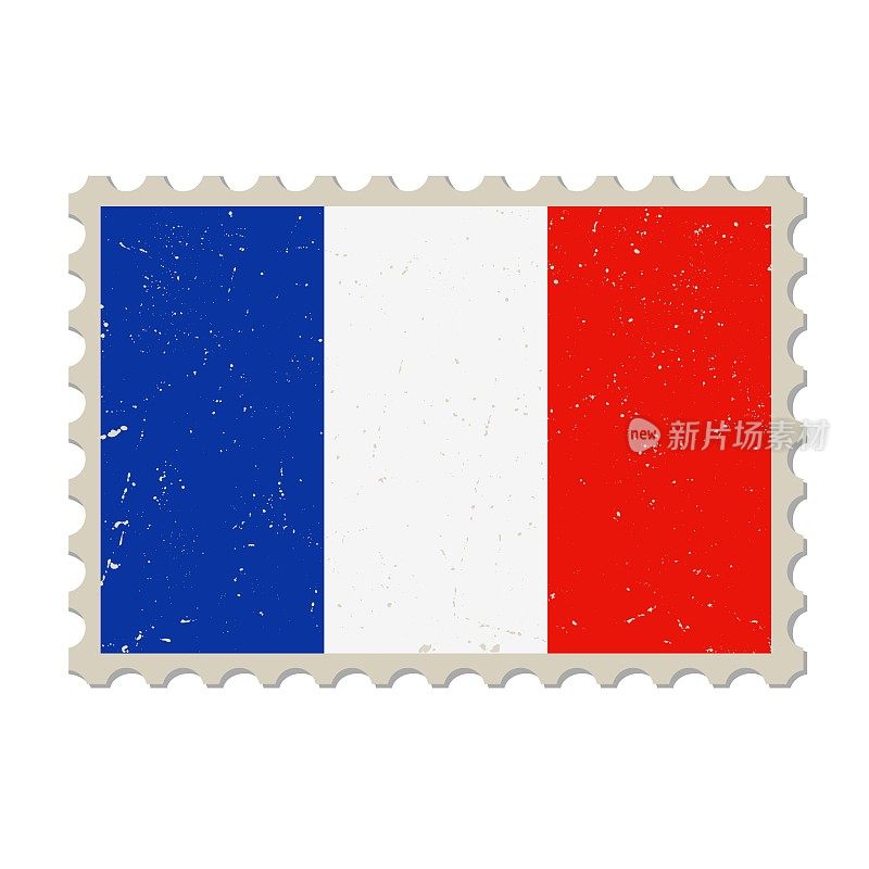 法国垃圾邮票。复古明信片矢量插图与法国国旗隔离在白色背景上。复古的风格。