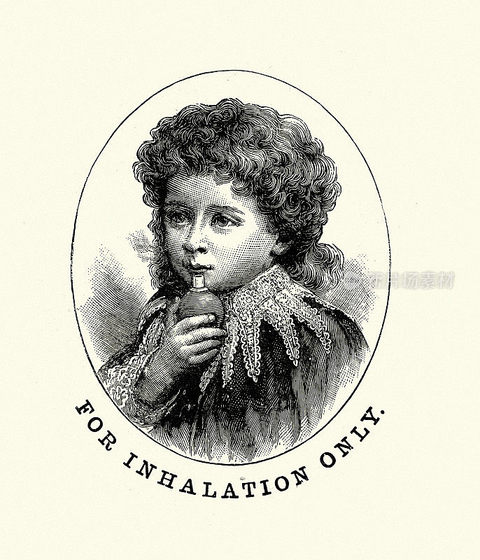 一个孩子正在使用石炭酸烟雾球，这是一种维多利亚时代的流感疗法，声称能治愈流感和其他一些疾病。1890年代