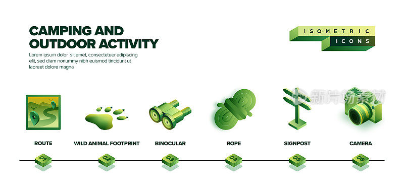露营和户外活动的矢量插图等距图标和三维横幅设计。采购产品露营，大篷车，露营帐篷，徒步旅行，冒险，旅行，户外，森林，树，山，野餐，自然。