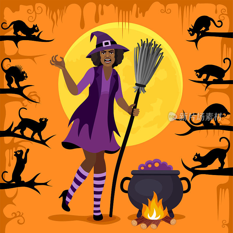万圣节愤怒的女巫，黑猫和满月。