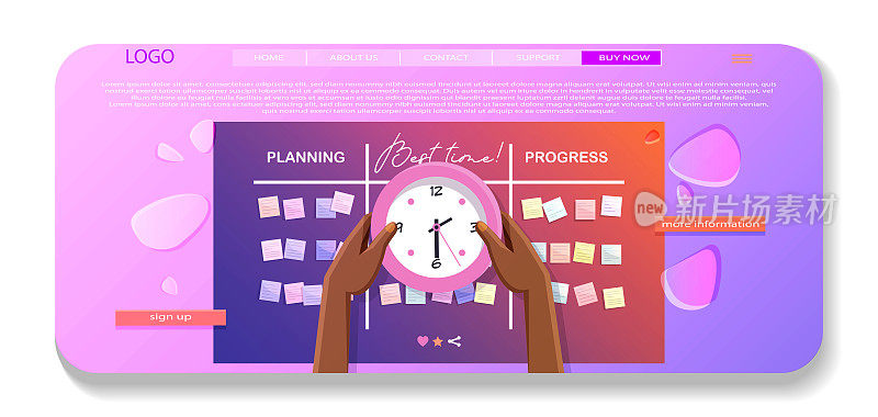 最好的时间!以卡通风格策划。一个非洲裔美国妇女的手，上面有一个时钟和一块白底上有彩色贴纸的信息板。时尚的矢量网页模板与地方的文字。