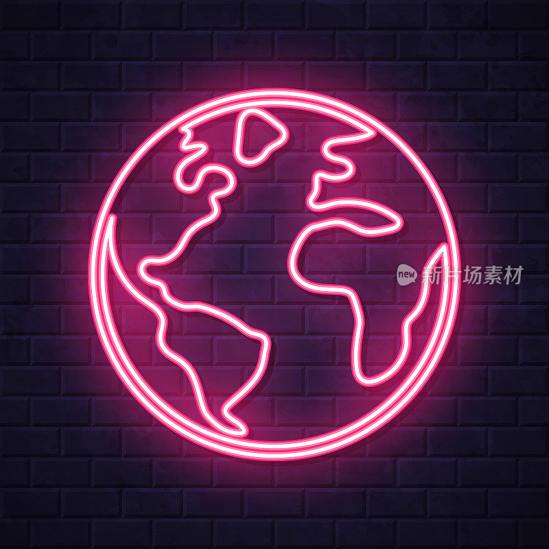 世界――行星地球。在砖墙背景上发光的霓虹灯图标