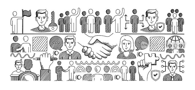 协作手绘矢量涂鸦线图标集。团队合作、握手、协议、会议、团队、焦点小组、机会、伙伴关系、组织。
