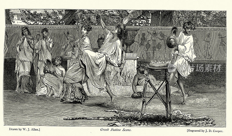 在古希腊的节日里，希腊的舞者、音乐家，由劳伦斯・阿尔玛-塔德马画后