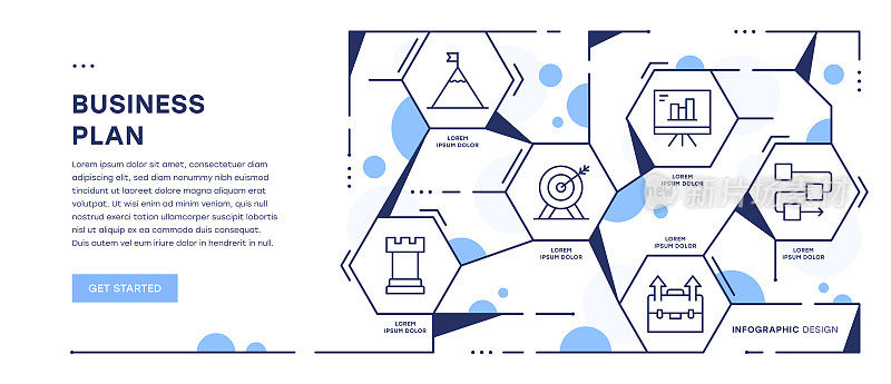 商业计划信息图Web横幅与可编辑的笔画图标