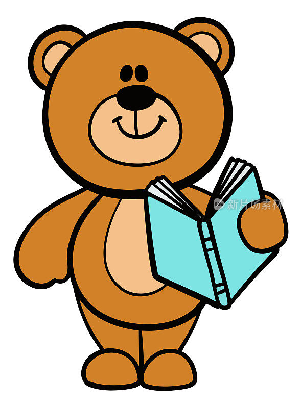 可爱的小熊站着，拿着漫画书孤立在白色上
