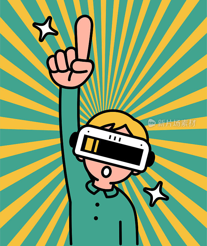 一个戴着虚拟现实耳机或VR眼镜的男孩进入虚拟世界，看着观众，指着顶部