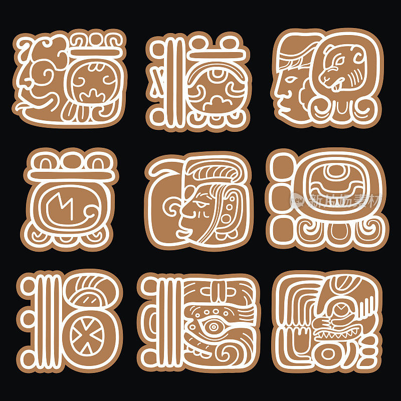 玛雅符号，书写系统和语言向量设计在棕色