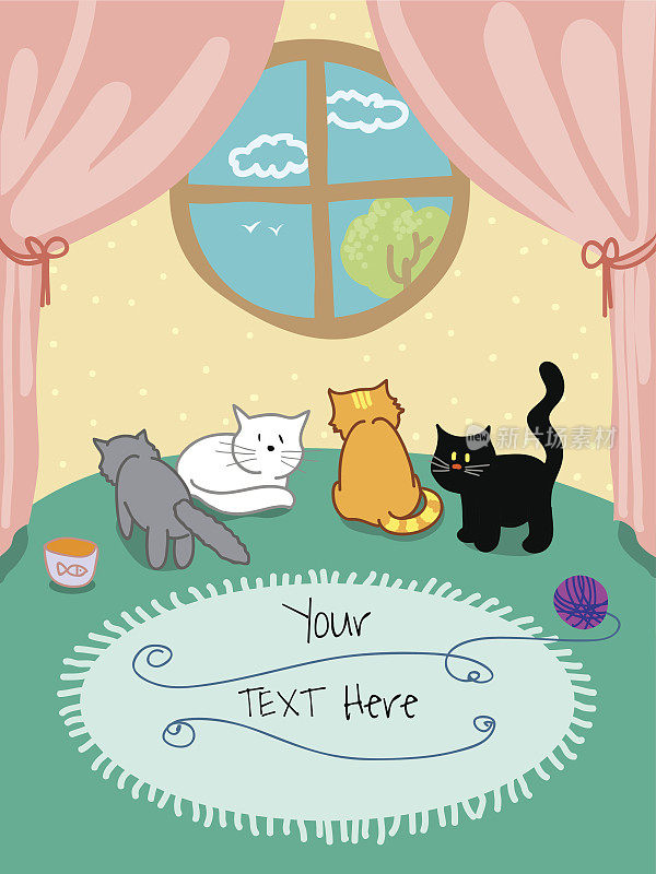 房间里有四只可爱的小猫。问候卡。矢量插图。