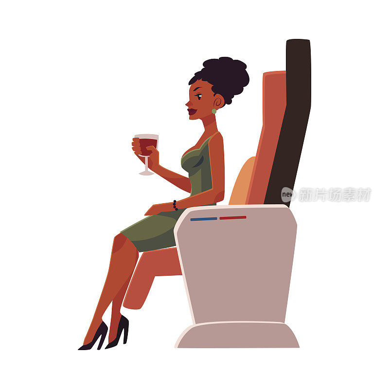 非洲黑人女士，在商务舱喝酒的女人