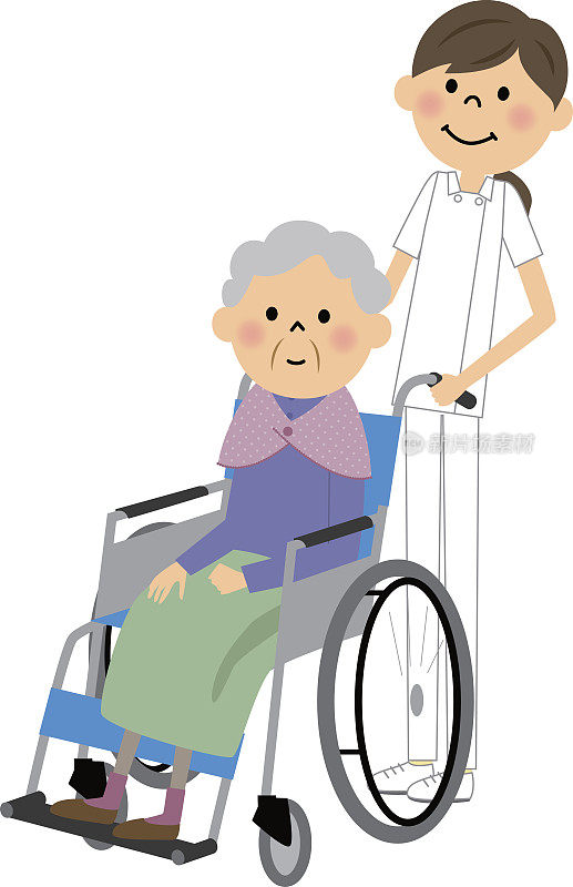 老人坐在轮椅上，护理