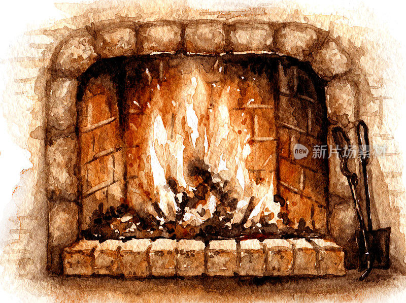 水彩古老的石头燃烧壁炉