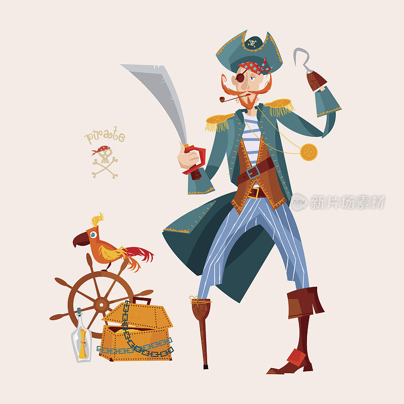 海盗，装有金子的木箱，船轮和一只鹦鹉。