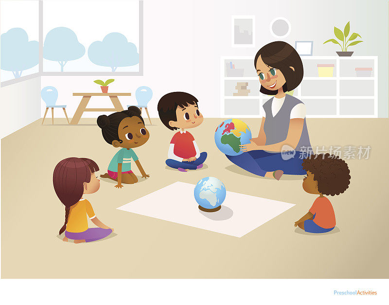 在地理课上，幼儿园老师微笑着向围坐成圈的孩子们展示地球仪。幼儿活动与幼儿教育理念。矢量插图海报，传单。