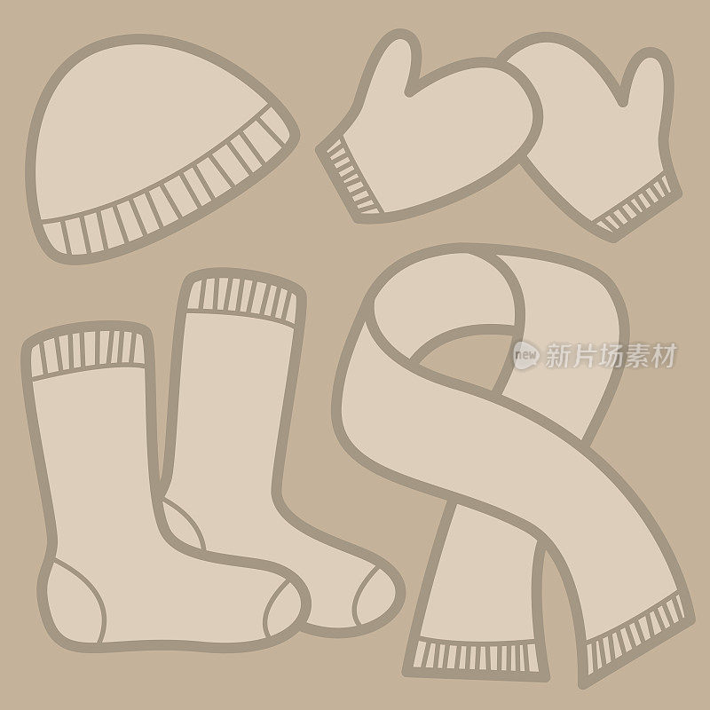 冬季保暖衣物:棕色羊毛帽子、手套、袜子和围巾。孤立的矢量插图在棕色的背景。