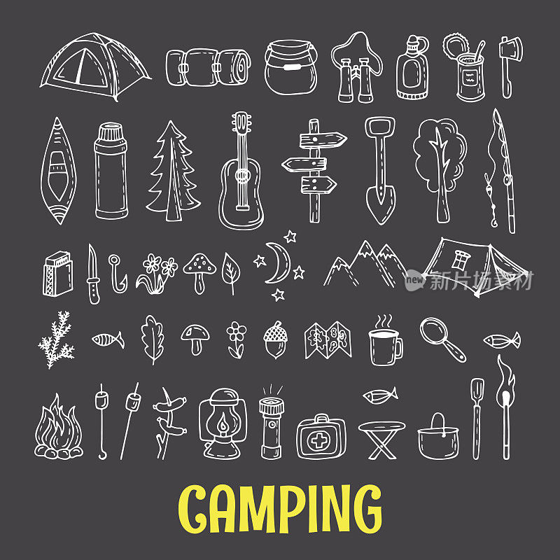 一套手绘露营和徒步旅行设备。徒步旅行图标