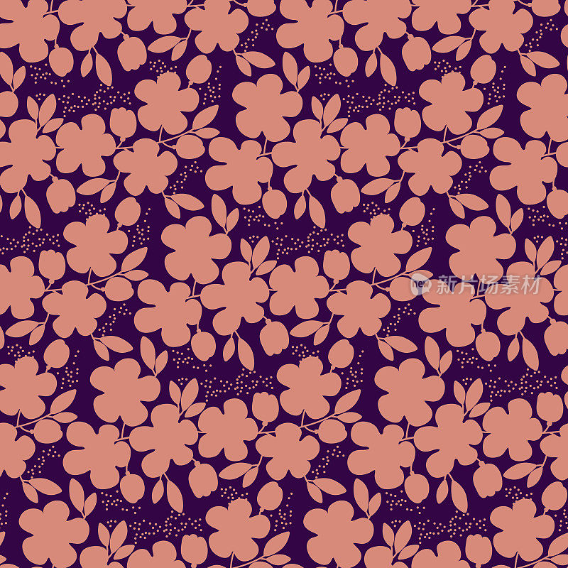 为春花枝面装饰设计。抽象樱花开花矢量插图。简单轮廓的紫罗兰色和浅玫瑰色的花卉无缝图案。