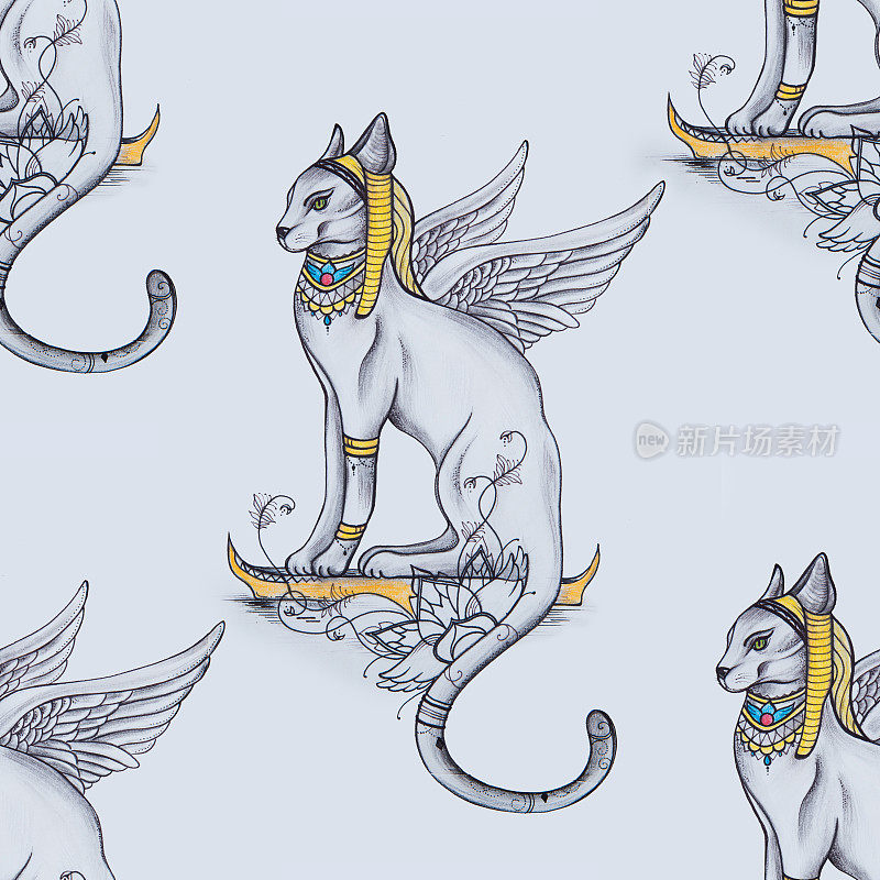 无缝图案的埃及猫在白色的背景。