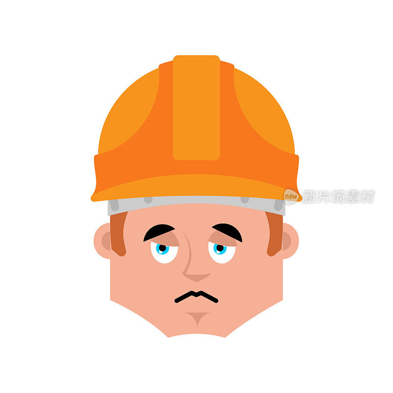 员工悲伤的情绪化身。建筑者戴着防护头盔，脸上露出悲伤的表情。矢量图