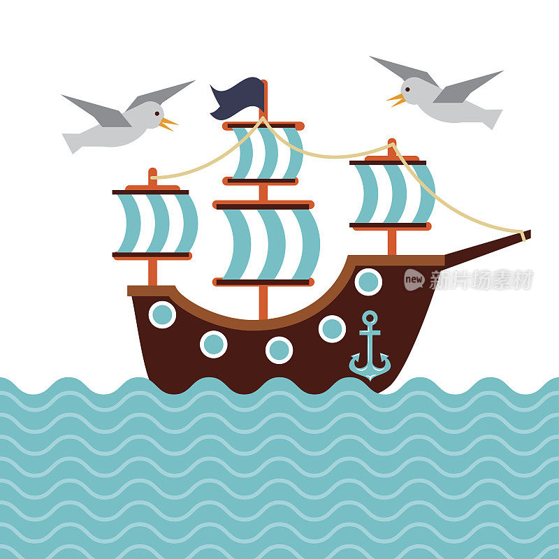 帆船航海海鸟锚海洋概念