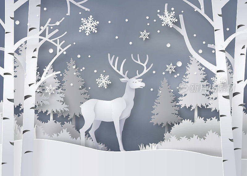 鹿在白雪覆盖的森林里。