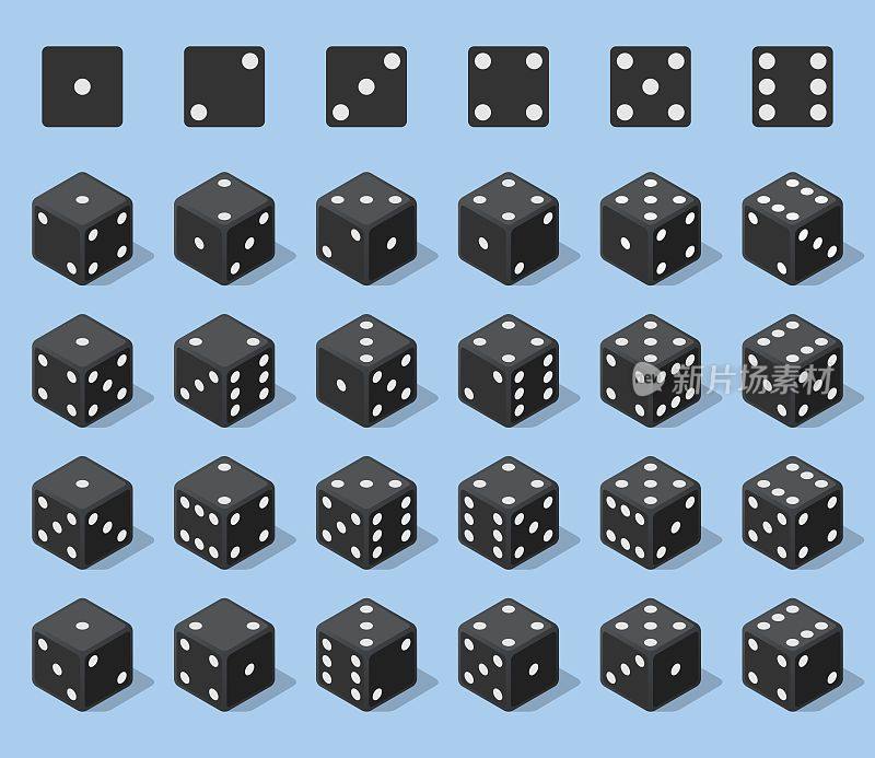 设置24个真实的骰子图标在所有可能的回合。24种变体损失骰子。黑色游戏方块孤立在蓝色背景。桌面游戏的骰子在3D视图