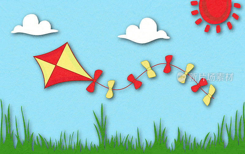 彩色的风筝在春天阳光灿烂的草地上飞翔。