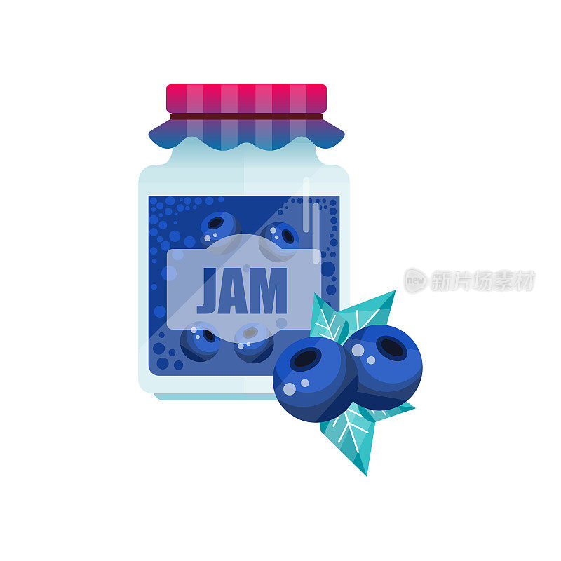 蓝莓果酱，玻璃罐的浆果配置矢量插图上的白色背景