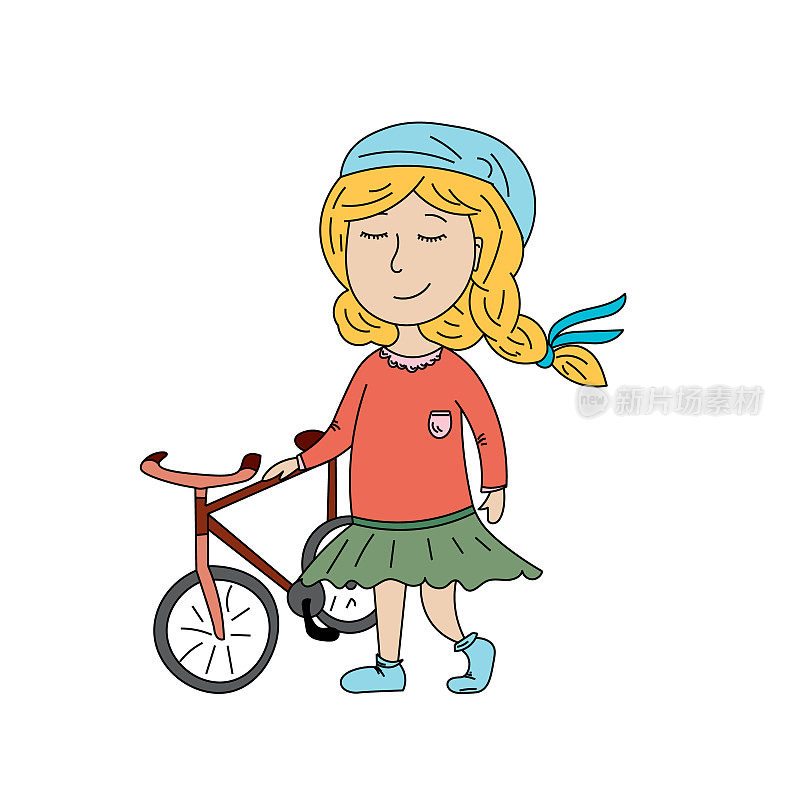 一个扎着辫子的女孩穿着裙子骑着自行车